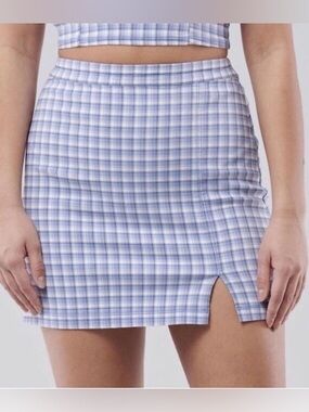 Hollister Light Blue Plaid Mini Skirt with Front Slit